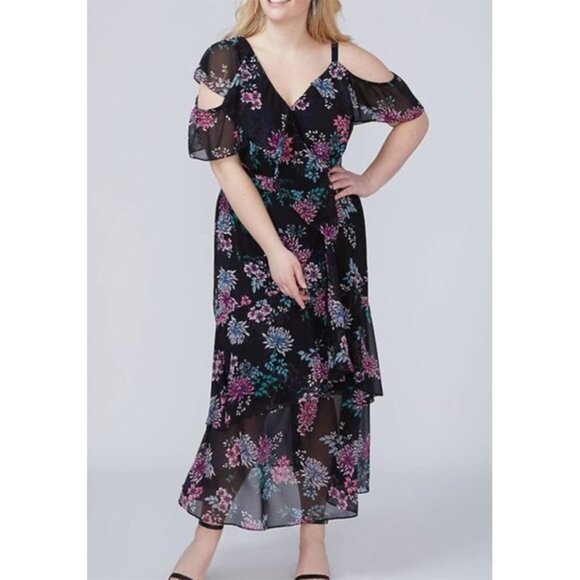 Lane Bryant Fast Lane‎ Floral Ruffle Cold Shoulder Dress Asymmetric Wrap Maxi 28 - Picture 1 of 7